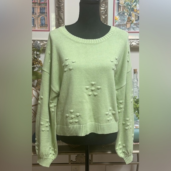LALAVON CREW NECK TEXTURED MINT GREEN LOOSE FITTING BALLON SLEEVE SWEATER SZ L - Picture 3 of 9